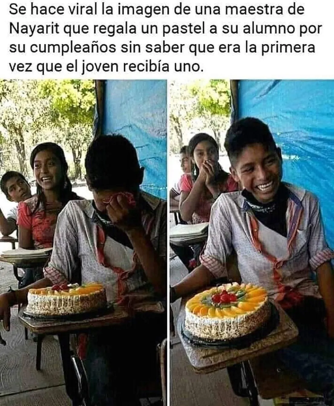Una maestra de nayarit le regala un pastel a su alumno por su cumpleaños.